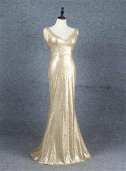 Picture of Champagne Sequins Low Back Long Bridesmaid Dress, Mermaid Prom Dresses Party Dresses